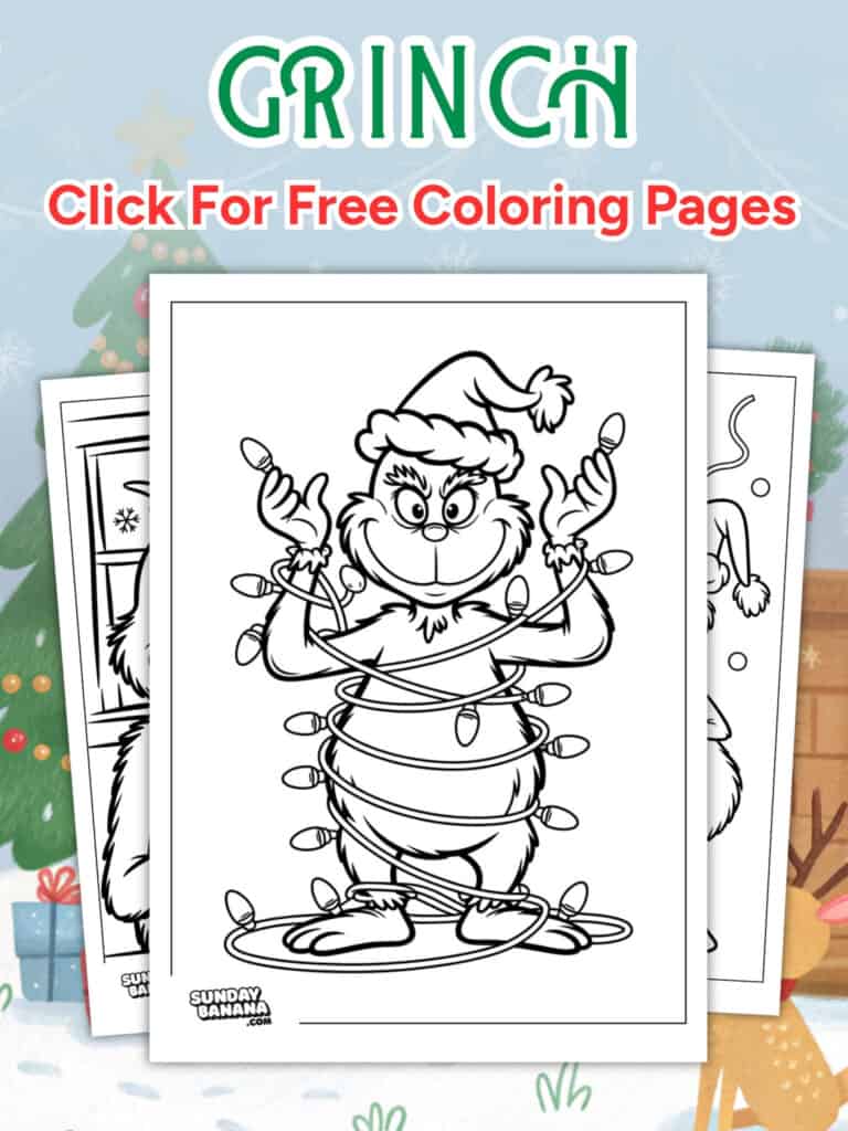 A black-and-white coloring page features the Grinch wearing a Santa hat and suit, tangled in a string of Christmas lights. In the background are two more coloring pages. Above, festive text reads, “GRINCH Click For Free Coloring Pages” on a snowy holiday-themed backdrop.
