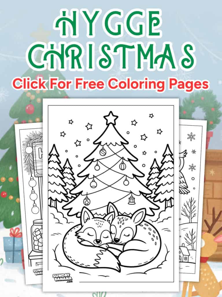A festive ad features “Hygge Christmas” in green text, with “Click For Free Coloring Pages” in red. Centered are black-and-white coloring pages, the front one showing two foxes cuddling under a decorated Christmas tree. Presents and Christmas trees are in the background.