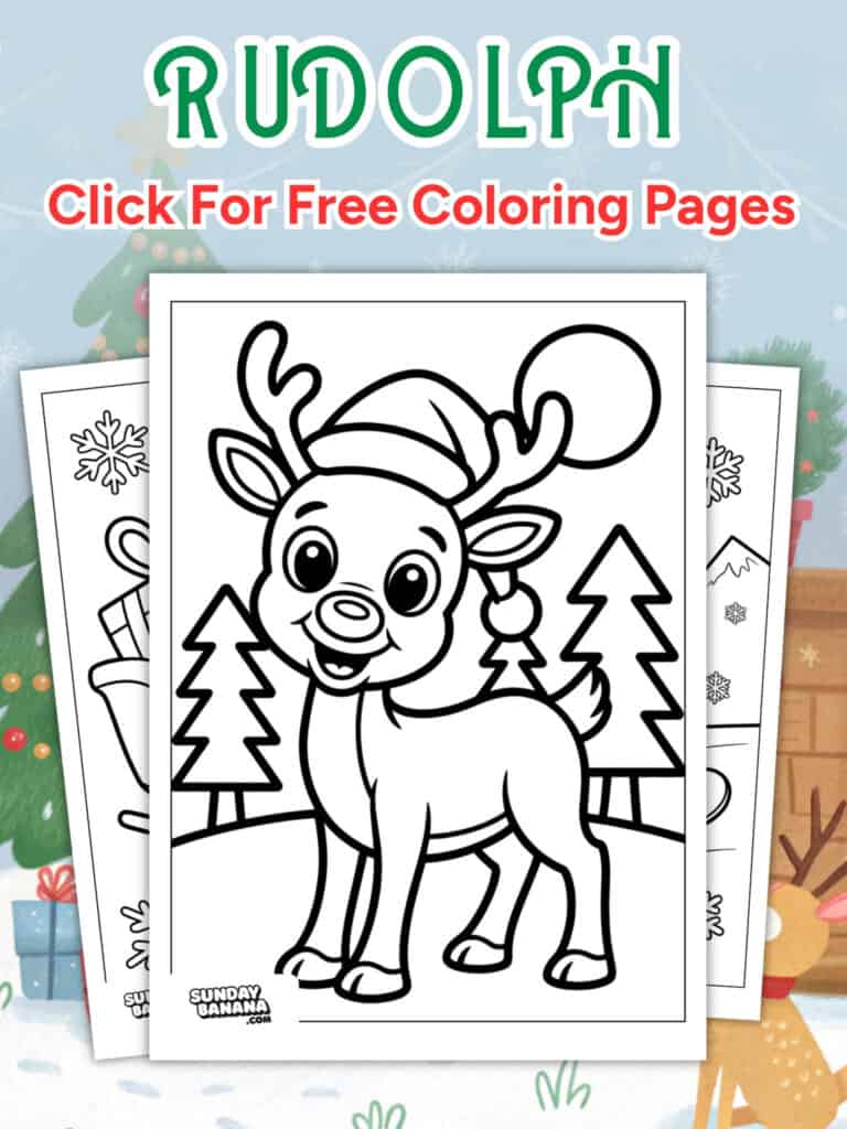 A festive coloring page featuring a smiling cartoon reindeer wearing a Santa hat, standing in front of decorated pine trees and a snow-covered background. The text above reads RUDOLPH Click For Free Coloring Pages in green and red letters.