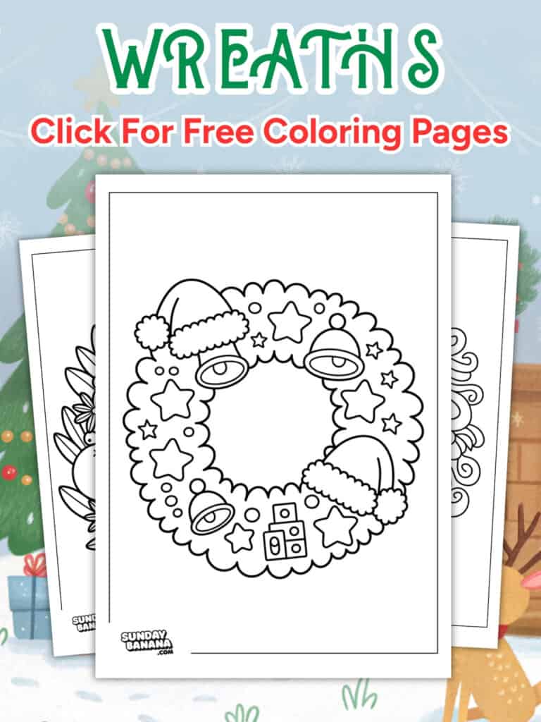 A coloring page features a Christmas wreath adorned with ornaments, stars, bells, Santa hats, and a present. Behind it are two more partially visible coloring pages, all set against a snowy background with trees, presents, and festive decorations.