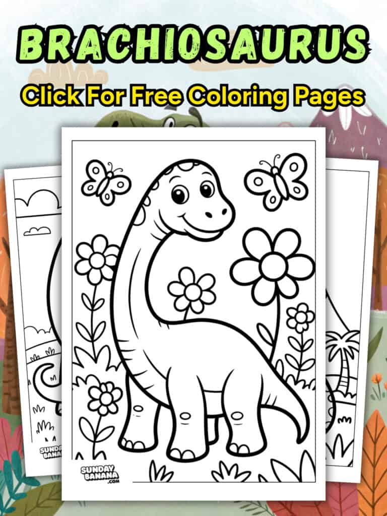 A coloring page features a smiling cartoon Brachiosaurus surrounded by flowers and butterflies. Bold yellow and orange text above reads “Click For Free Coloring Pages.” Two more dinosaur coloring pages are partly visible behind the main page.