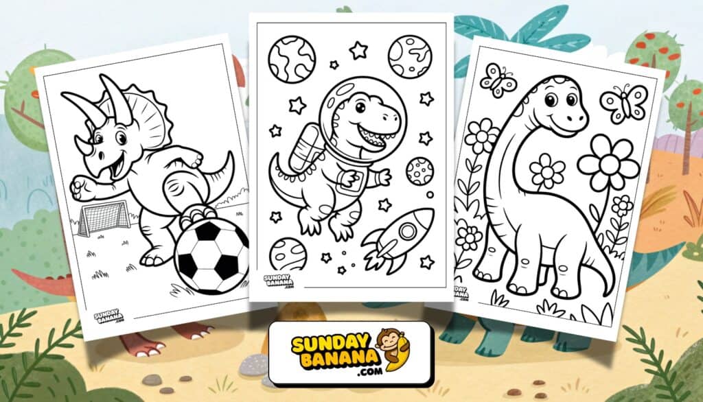 Three dinosaur coloring pages are displayed. The first shows a triceratops playing soccer, the second a T-rex astronaut in space with planets and a rocket, and the third a smiling brontosaurus surrounded by flowers, butterflies, and leaves. SundayBanana.com logo is below.