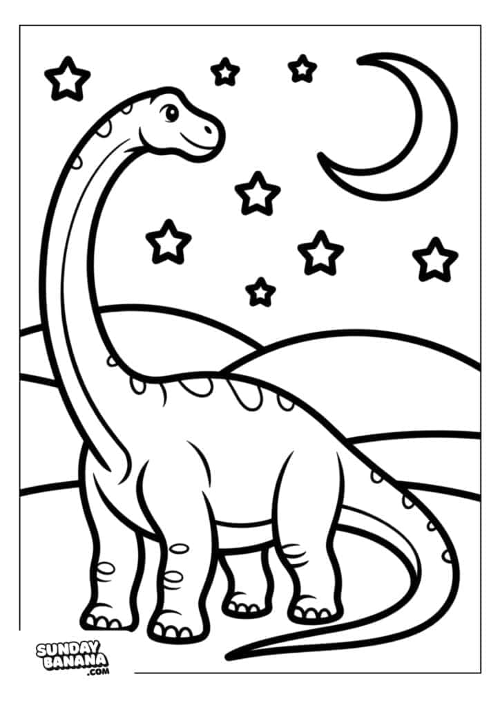 A cartoon dinosaur with a long neck stands on a grassy landscape under a night sky with a crescent moon and six stars. Rolling hills are in the background. The image is outlined for coloring, with SUNDAY BANANA.COM in the bottom left corner.
