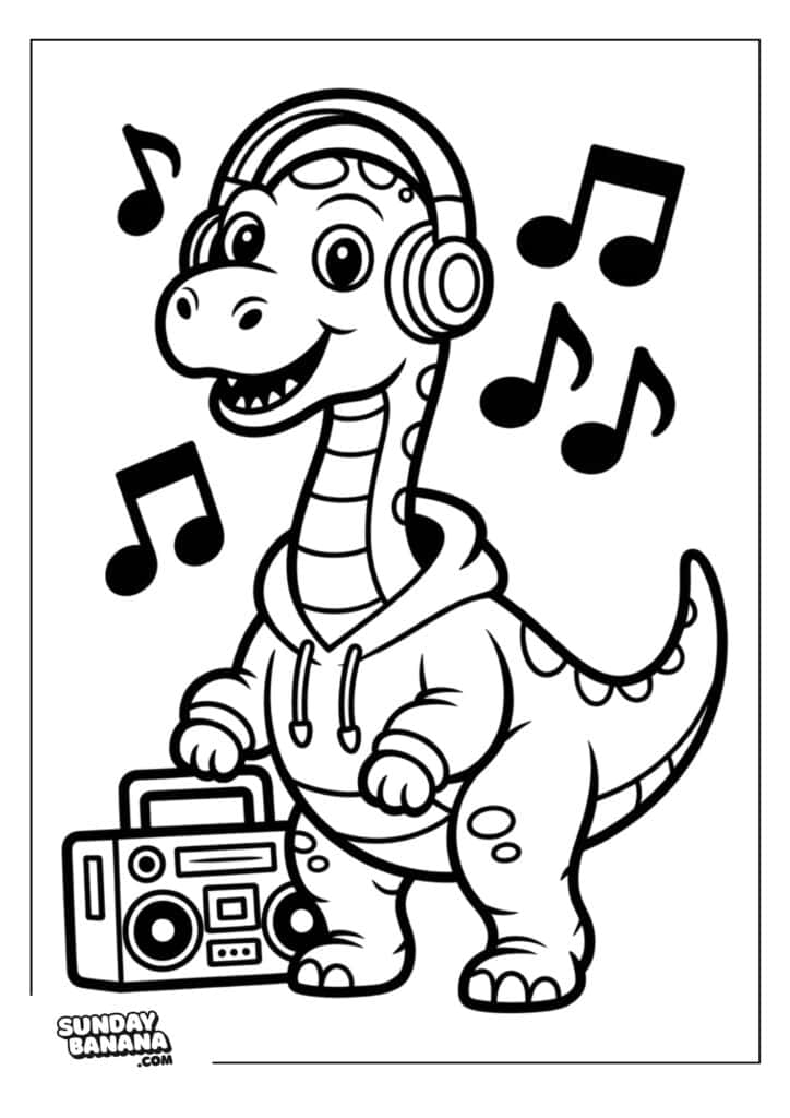 A cheerful cartoon dinosaur wearing headphones and a hoodie stands upright, holding a boombox. Music notes float around its head, suggesting its enjoying the music. The style is playful and suitable for kids.