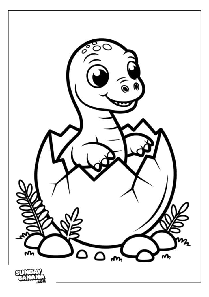 A cartoon baby dinosaur hatches from a large cracked egg, smiling with big eyes. Ferns, leaves, and rocks surround the egg. The drawing is black and white, outlined for coloring. SundayBanana.com appears in the bottom left corner.
