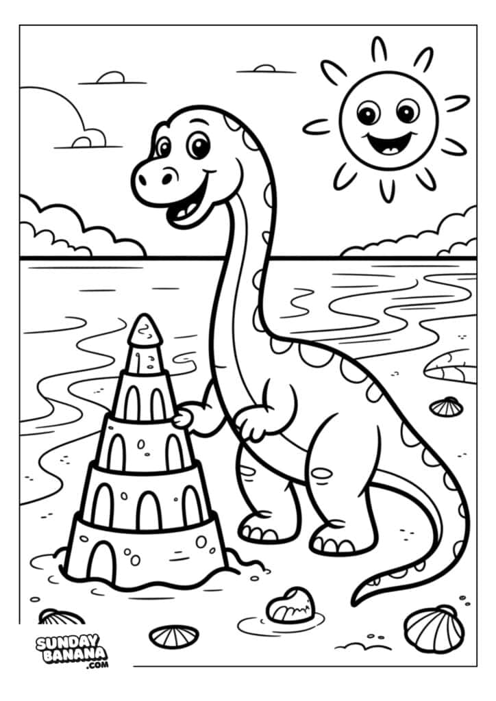 A smiling dinosaur builds a tall sandcastle on a beach with seashells nearby. The ocean waves and a cheerful sun with a face are in the background. The scene is playful and outlined for coloring. SundayBanana.com is written in the corner.