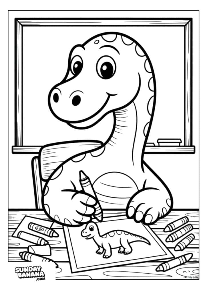 A smiling cartoon dinosaur sits at a desk, coloring a picture of a dinosaur with a crayon. Several crayons are scattered on the desk. A chalkboard and eraser are visible in the background. The scene is outlined for coloring.