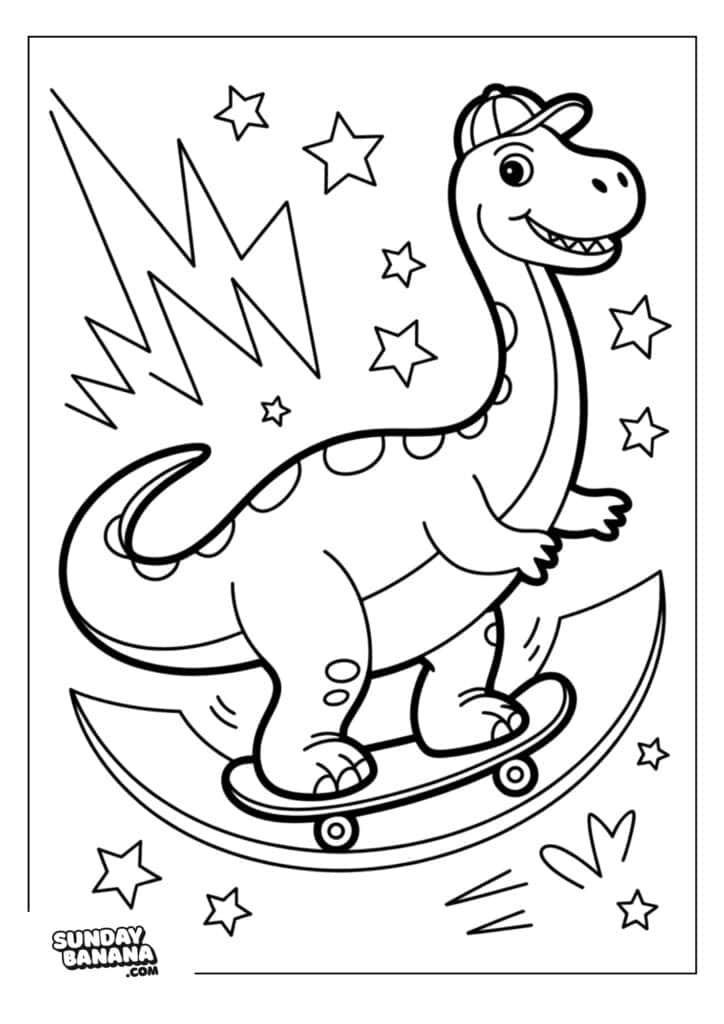 A smiling cartoon dinosaur wearing a cap rides a skateboard. Stars and lightning shapes decorate the background. The dinosaur has a long neck, round spots on its back, and four legs, and appears cheerful and playful. The image is in black and white.