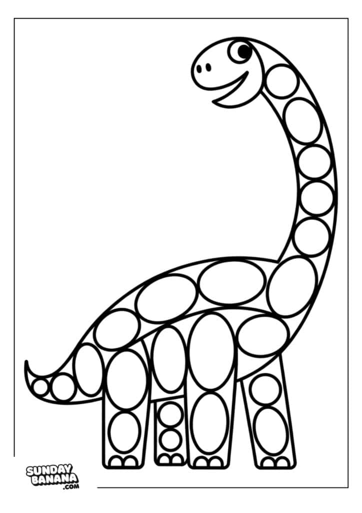 A black-and-white coloring page of a smiling cartoon dinosaur with a long neck and tail, made up of large outlined ovals and circles. The dinosaur faces right. The SundayBanana.com logo appears in the lower left corner.