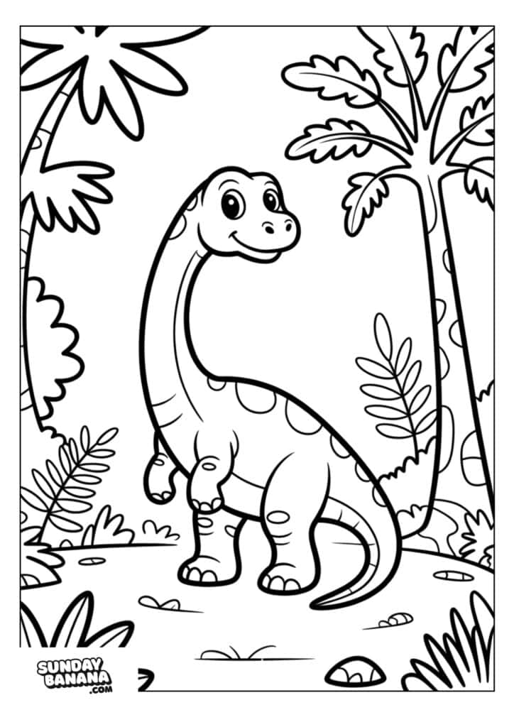 A smiling cartoon dinosaur with a long neck stands upright in a jungle with big leaves, trees, and bushes. The dinosaur has round eyes, spots on its back, and holds one leg up. The scene is outlined for coloring. “Sundaybanana.com” is written in the corner.