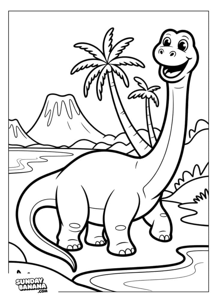 A cheerful cartoon dinosaur with a long neck stands near a river, smiling. There are two palm trees behind it and a volcano in the background, with mountains and hills under a clear sky. The illustration has a playful, outlined style.