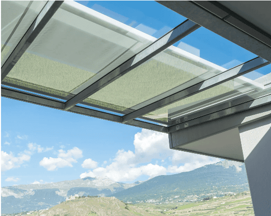 Glass sun shades for windows in modern building, outdoor view, sun protection, and stylish window fashions.