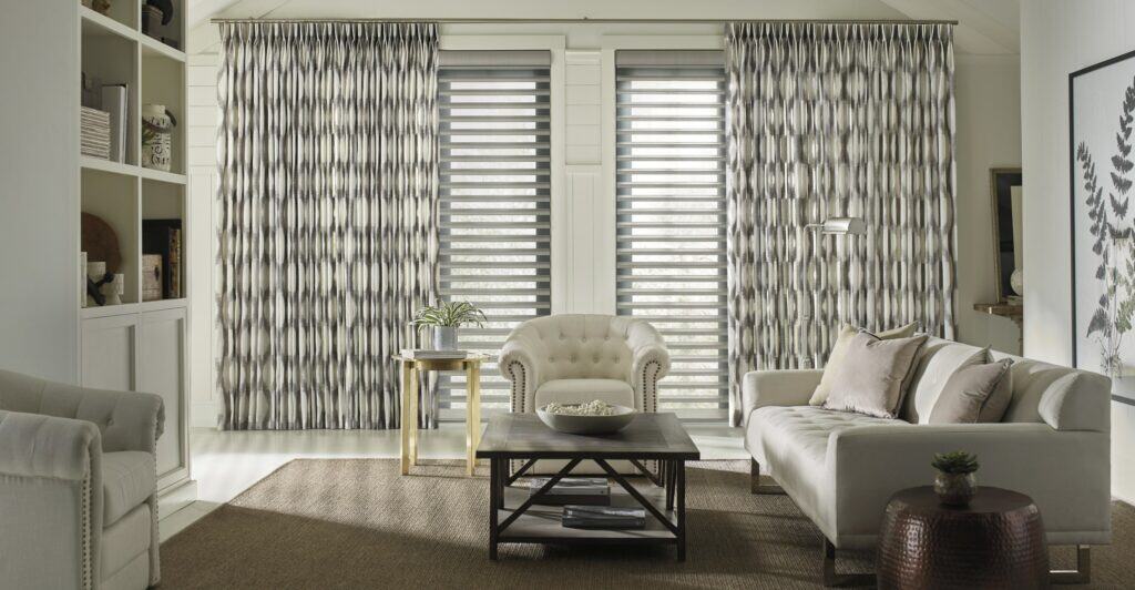 Stylish window shades and curtains in a modern living room for sun protection and interior decor.