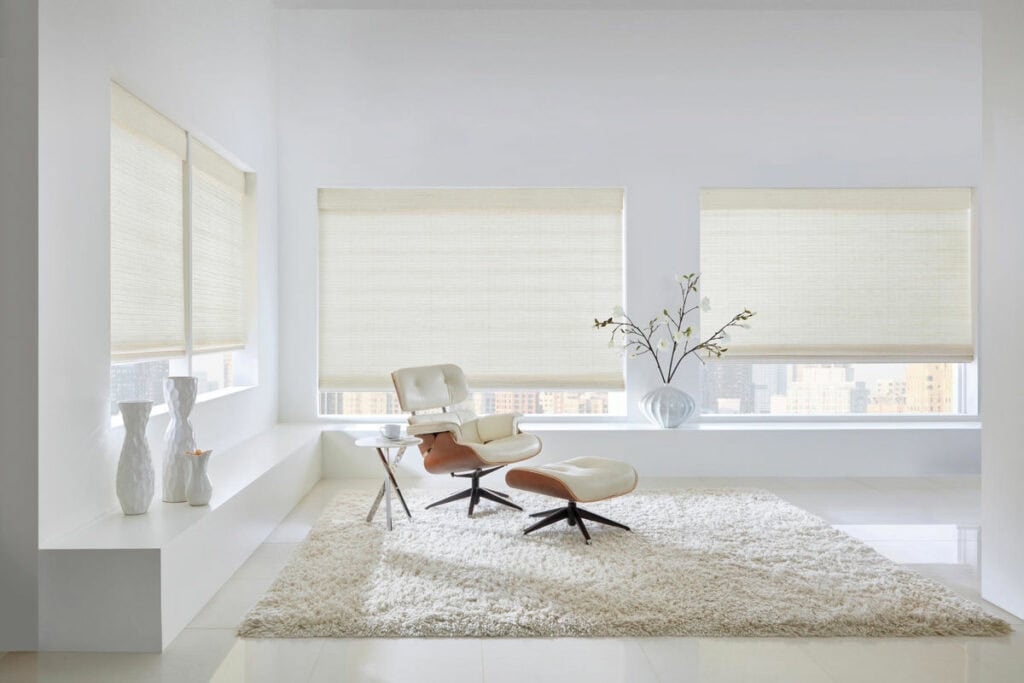 Modern sun shades window fashions in bright living room with natural light, clean design, and elegant window coverings.
