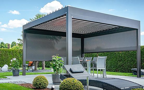 Modern outdoor sun shades with adjustable window fabrics for patio privacy and sun protection.