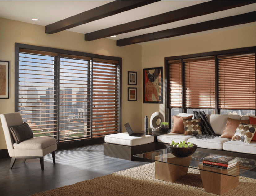 Wood window blinds for modern living room with city view.