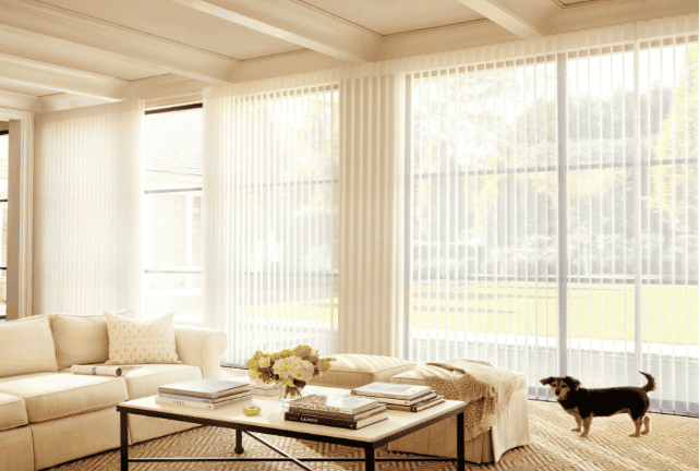 Sun shades window fashions in a bright living room with vertical blinds and natural light.