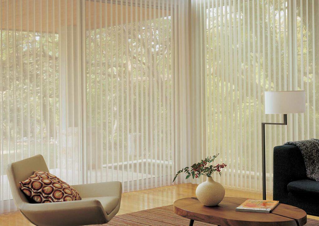 Sun shades window fashions with vertical blinds for modern home decor.