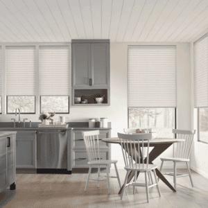 Sun shades window fashions, modern window blinds, kitchen with window shades, light-filtering window treatments, bright kitchen with blinds.