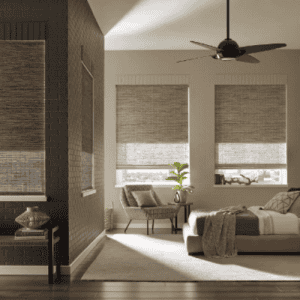 Modern indoor living room with sun shades window fashions, natural light, and stylish decor.