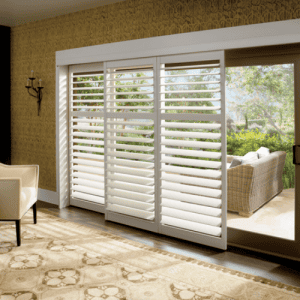 White plantation shutters on sliding glass doors with sun shades window fashions for privacy and sun control.