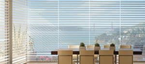 Sun shades window fashions with adjustable horizontal blinds and modern dining area, sun protection, stylish home decor, privacy, UV blocking.