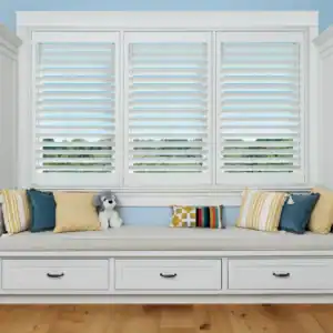 Versatile white sun shades window fashions with adjustable louvers for controlling light and privacy. Suitable for modern interior design.