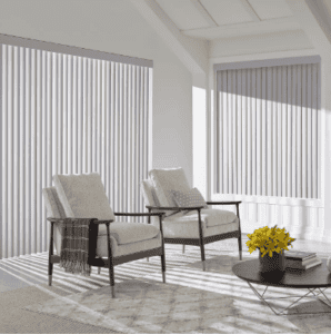 Custom indoor sun shades with vertical blinds for energy-efficient window Fashions.