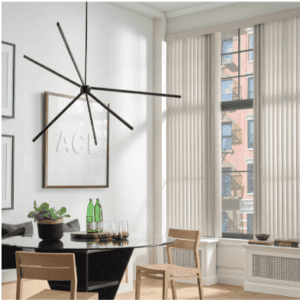 Stylish window blinds with natural light in modern dining room Sun shades window fashions enhancing interior decor and sunlight control.