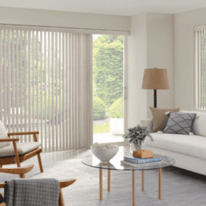 Elegant vertical window blinds for sun shades and light control in modern living rooms.