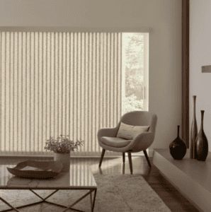 Sun shades window fashions with vertical blinds in a modern living room.