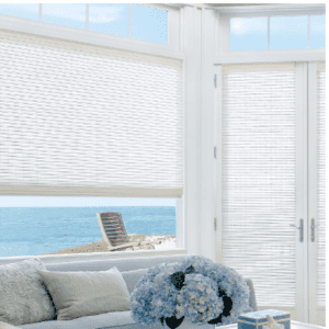 Light-filtering sun shades for coastal home window privacy and style.