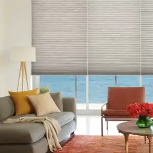 Modern beige sun shades window fashions with ocean view, ideal for enhancing natural light control.