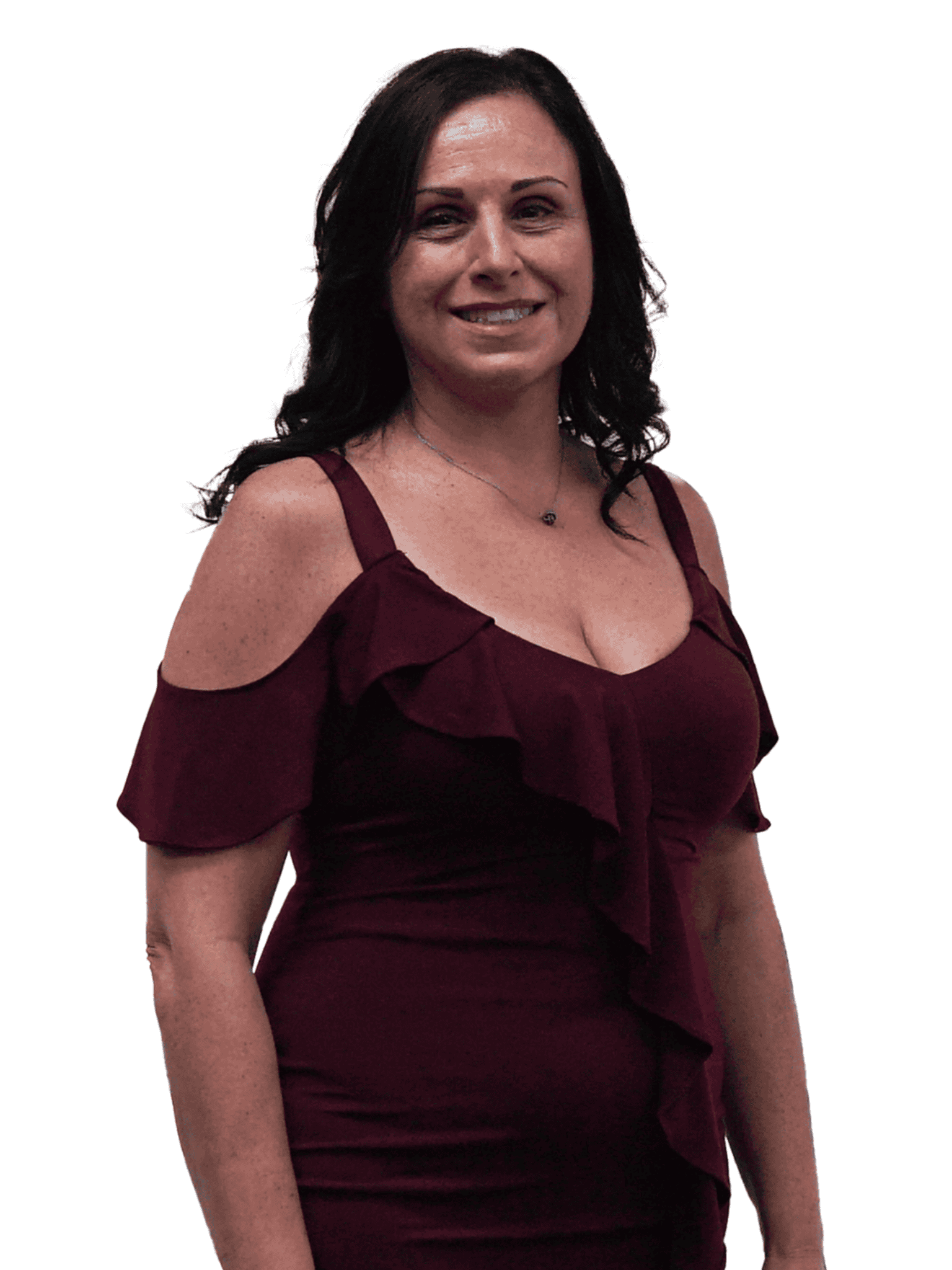 Bright woman wearing elegant burgundy dress with cut-out cold shoulder design.