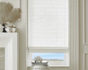 Faux wood blinds for window privacy and light control in modern home interiors.