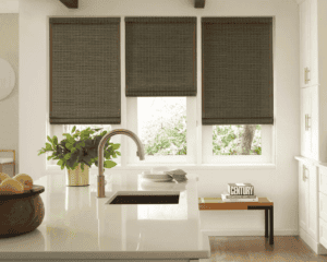 Black woven wood sun shades for window fashion and UV protection.