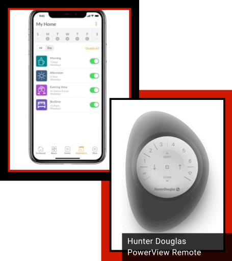 Smart home window shade control app with Hunter Douglas PowerView remote for automated window fashions.