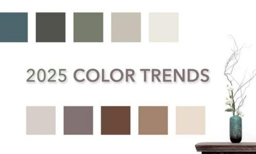 Color palette featuring shades of blue, gray, beige, and brown for 2025 design trends.
