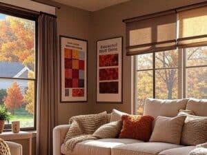 Window shades with beige roller blinds and cozy living room decor.