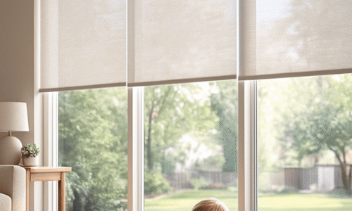 Child playing with stacking rings and toys on a beige rug in a bright living room with large windows and green outdoor view.