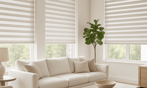 Bright living room with large windows, white blinds, beige sofa, wooden coffee table, and indoor plant, creating a cozy and airy atmosphere.