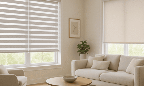 Bright living room with beige sofa, armchair, round coffee table, and large windows with striped and roller blinds letting in natural light.