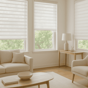 Soft beige living room with modern window blinds, cozy armchair, and minimalist wooden side table, creating a tranquil and elegant space with natural light.