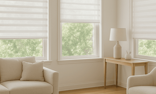 Bright living room with large windows, white blinds, beige sofa, armchair, wooden side table, and modern lamp, creating a cozy and airy atmosphere.