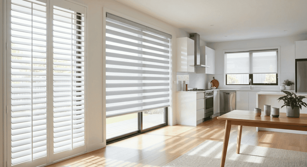 Bright modern kitchen with large windows, white cabinets, wooden flooring, and a dining table, filled with natural light.