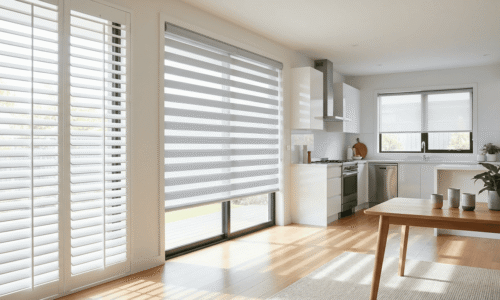 Bright modern kitchen with large windows, white cabinets, wooden flooring, and a dining table, filled with natural light.