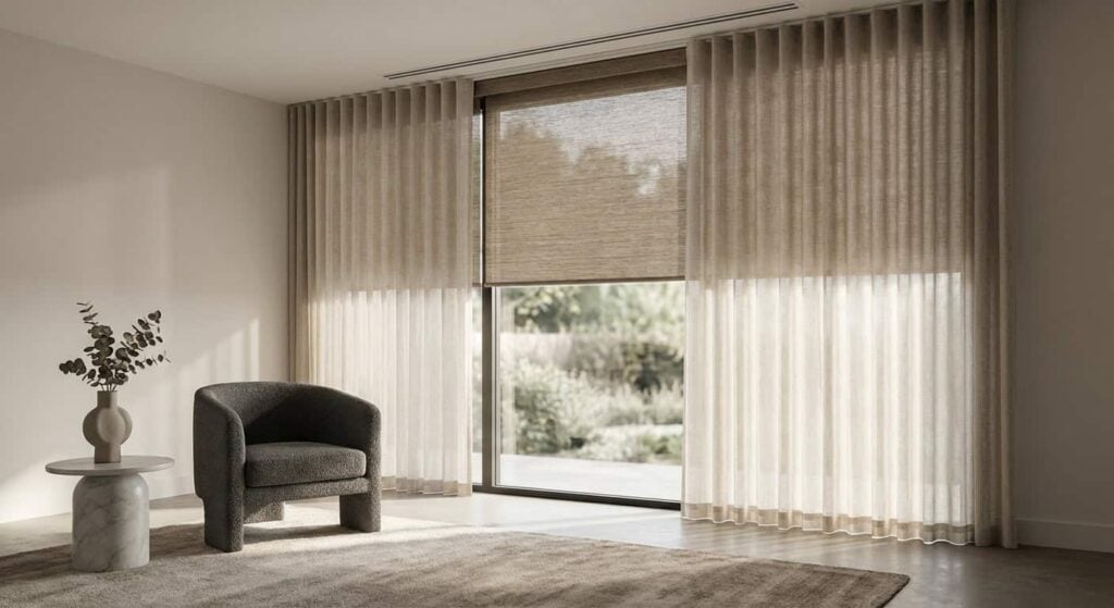 Bright living room with large floor-to-ceiling windows, sheer curtains, and a cozy armchair, overlooking a garden.