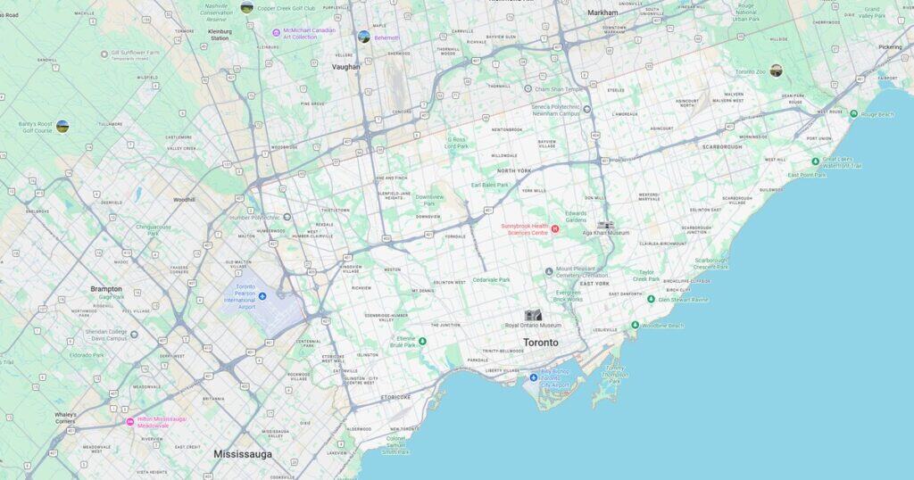 Scenic map of Toronto and surrounding areas highlighting parks, landmarks, and neighborhoods for travel and urban exploration.