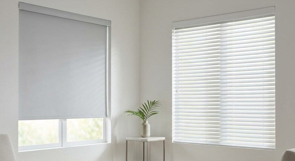 Bright white window blinds with natural light, minimalistic interior decor, small side table with green plant, contemporary home design, clean and airy living space, modern window treatment, simple decor elements, cozy and bright atmosphere, stylish window coverings, interior design aesthetics.