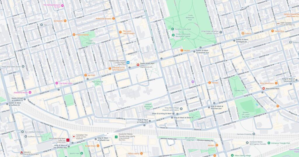 1. Toronto King Liberty neighborhood map with parks, streets, and local landmarks in downtown Toronto.